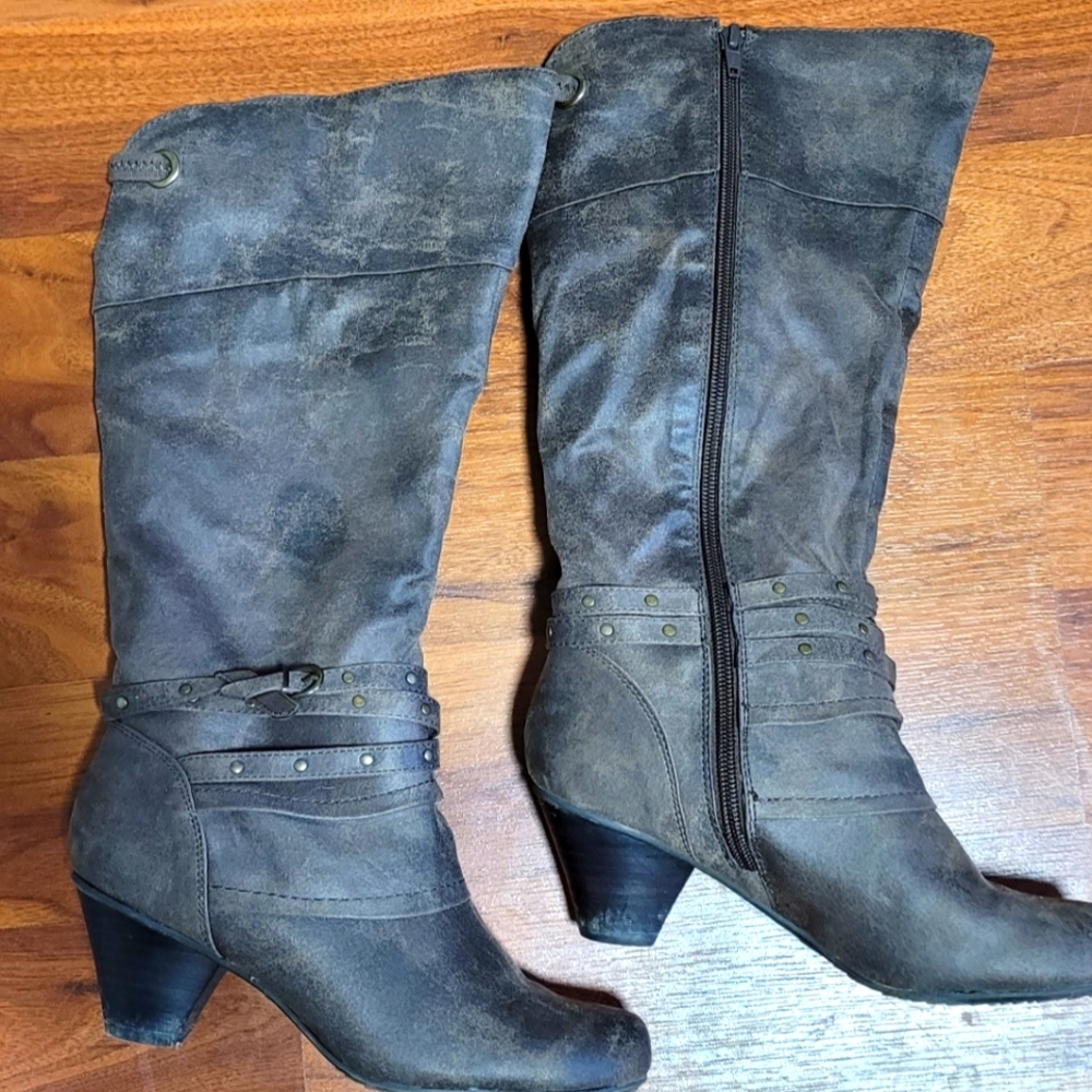 Boots, mid calf, brown/gray, 6.5M